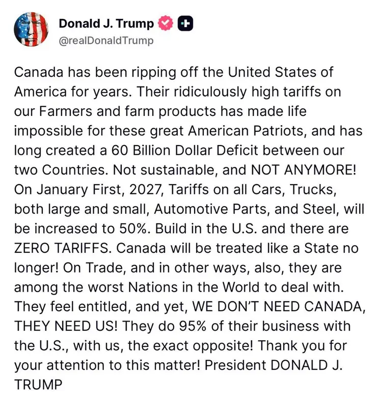 Заявление Дональда Трампа о торговых пошлинах против Канады